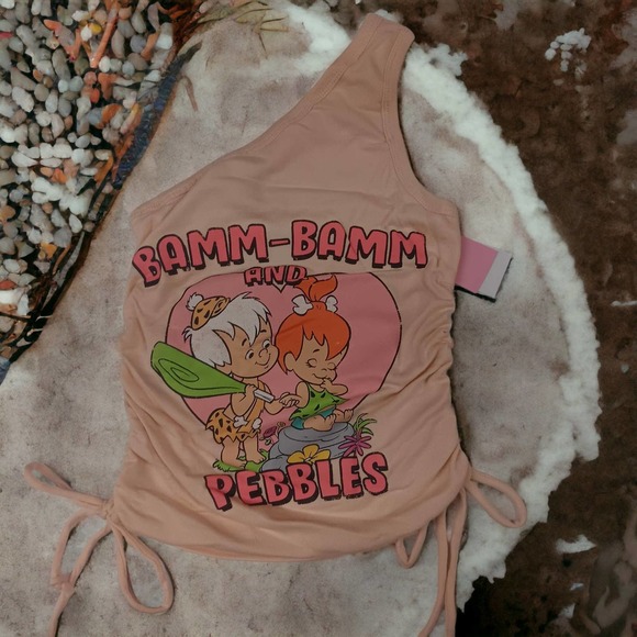 The Flintstones, Pink, Size XS, One-Shoulder BAMM BAMM & PEBBLES Tank Top Shirt - Picture 5 of 7
